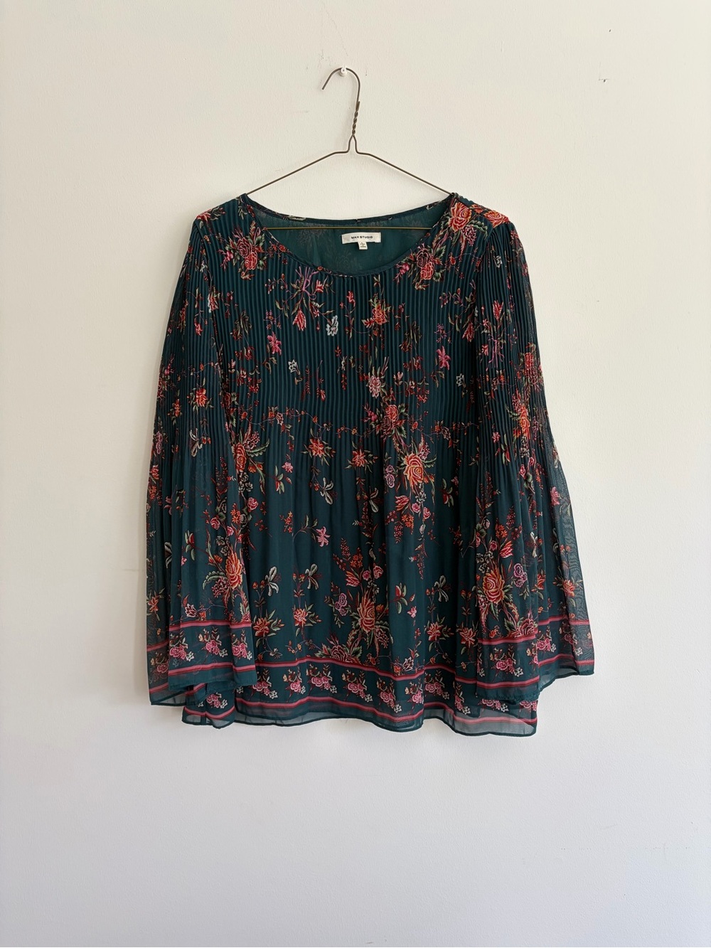 Max Studio Teal Floral Pleated Bell-Sleeve Blouse